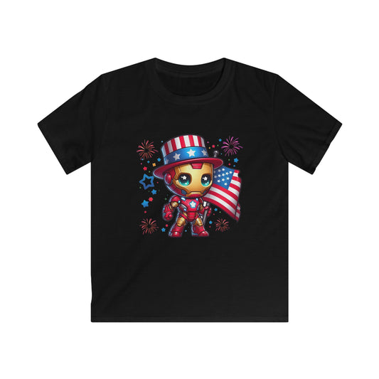 Kids Tee — Patriotic Superhero Baby Iron Man with American Flag (4th of July)