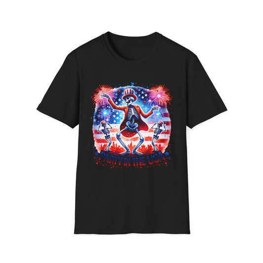 Party in the USA Skeleton Tee — 4th of July Patriotic Fireworks T-Shirt