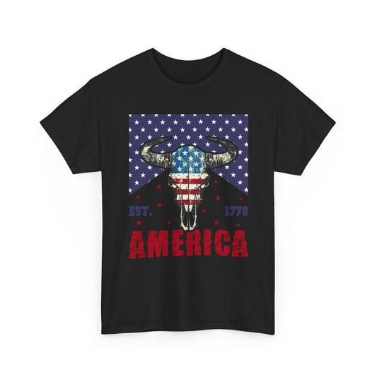 America Longhorn Skull T-Shirt – Patriotic Est. 1776 Flag Design