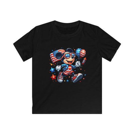 Kids Tee — Patriotic Mickey-Style Mouse with American Flag Balloons (4th of July)