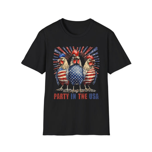 Party in the USA Rooster T-Shirt — Patriotic 4th of July Chicken Tee