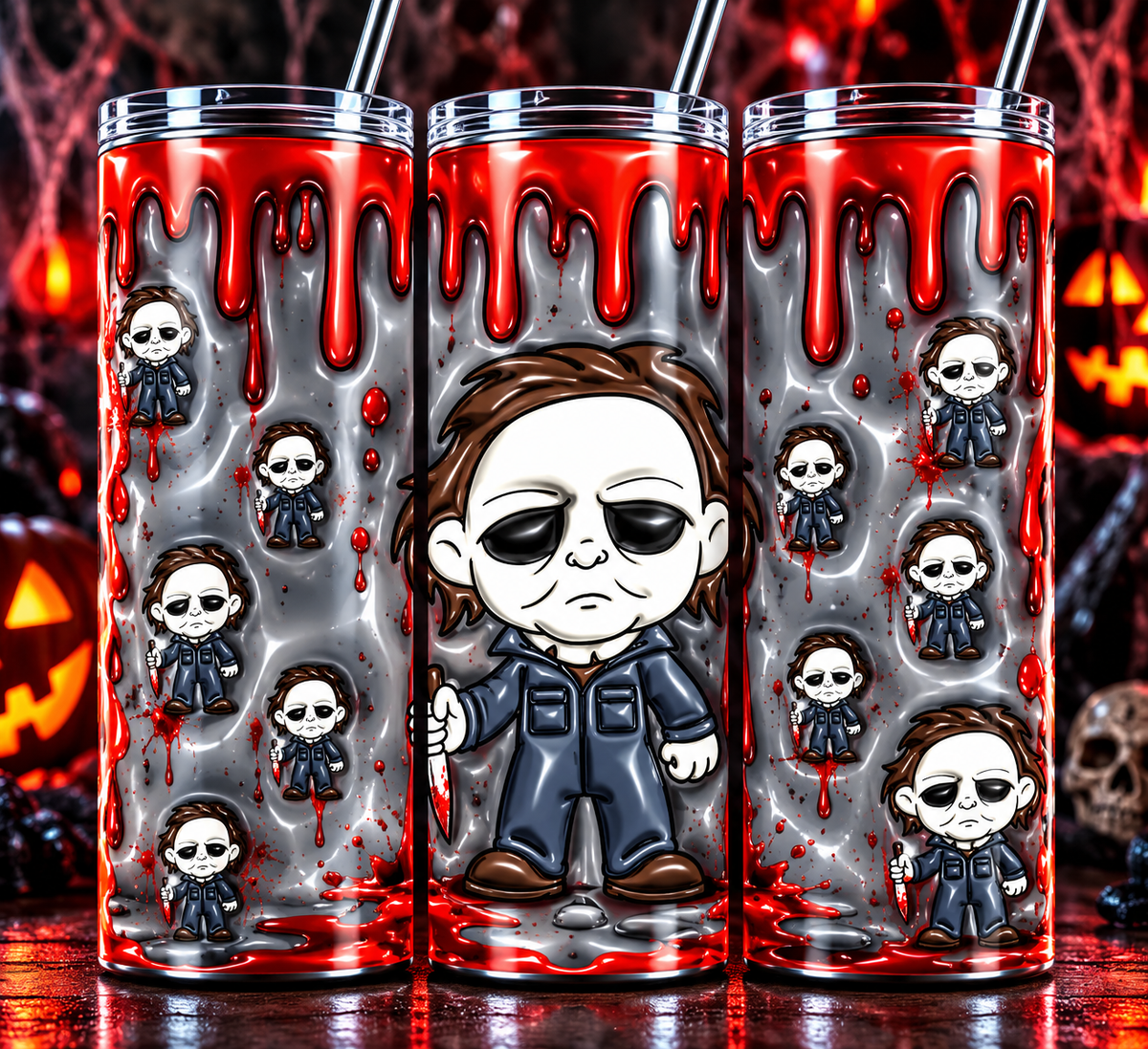 Cartoon Michael Myers tumbler with red drip artwork on a gray background, shown in three views