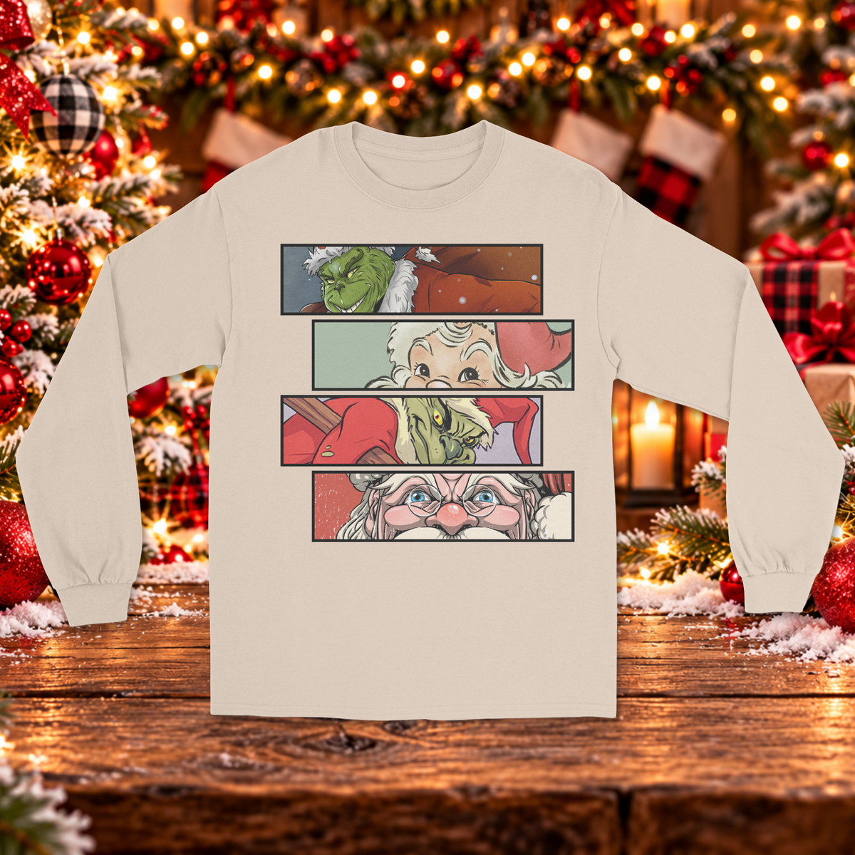 Christmas Mischief vs. Santa Comic Strip Long Sleeve Sweater – Holiday Character Graphic