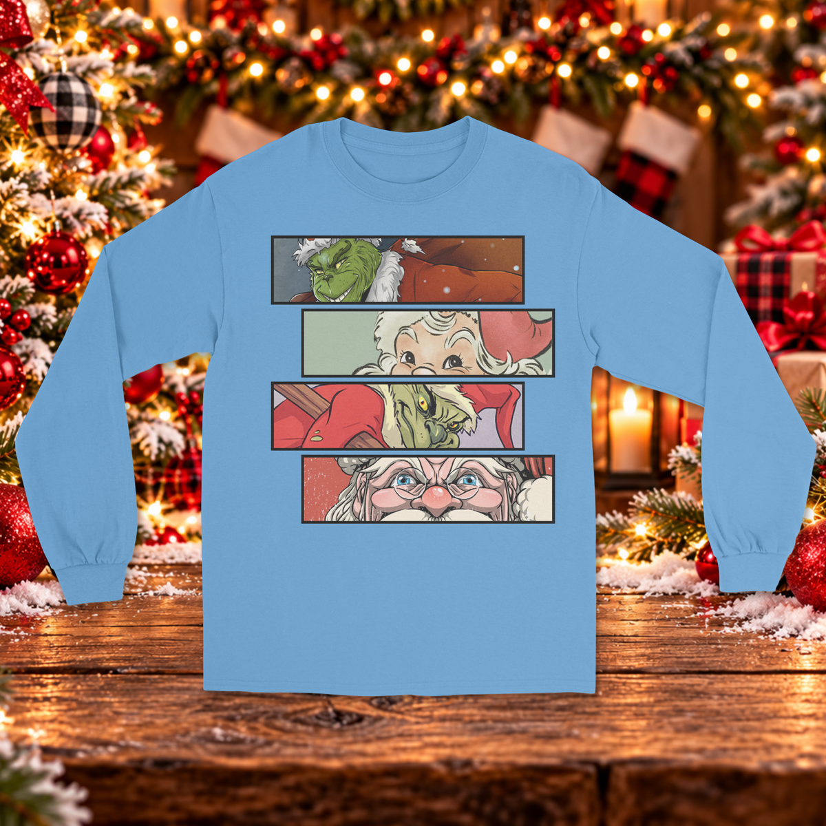 Christmas Mischief vs. Santa Comic Strip Long Sleeve Sweater – Holiday Character Graphic