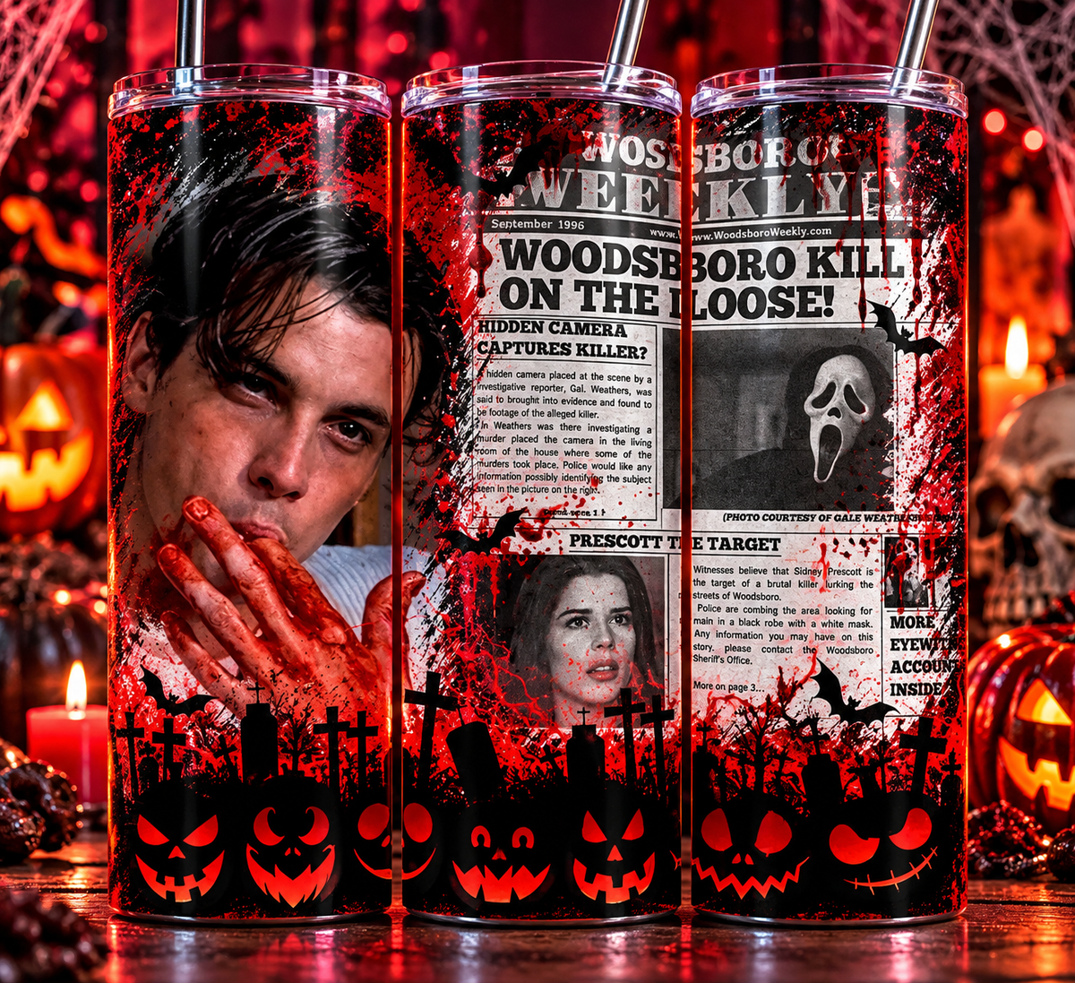 Woodsboro Scream Newspaper 20 oz Tumbler – Ghostface Horror Halloween Cup