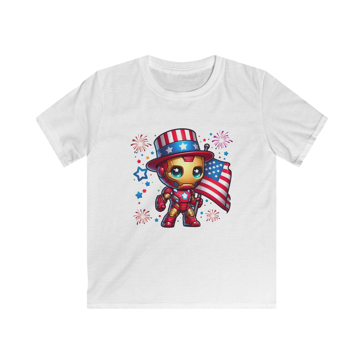 Kids Tee — Patriotic Superhero Baby Iron Man with American Flag (4th of July)
