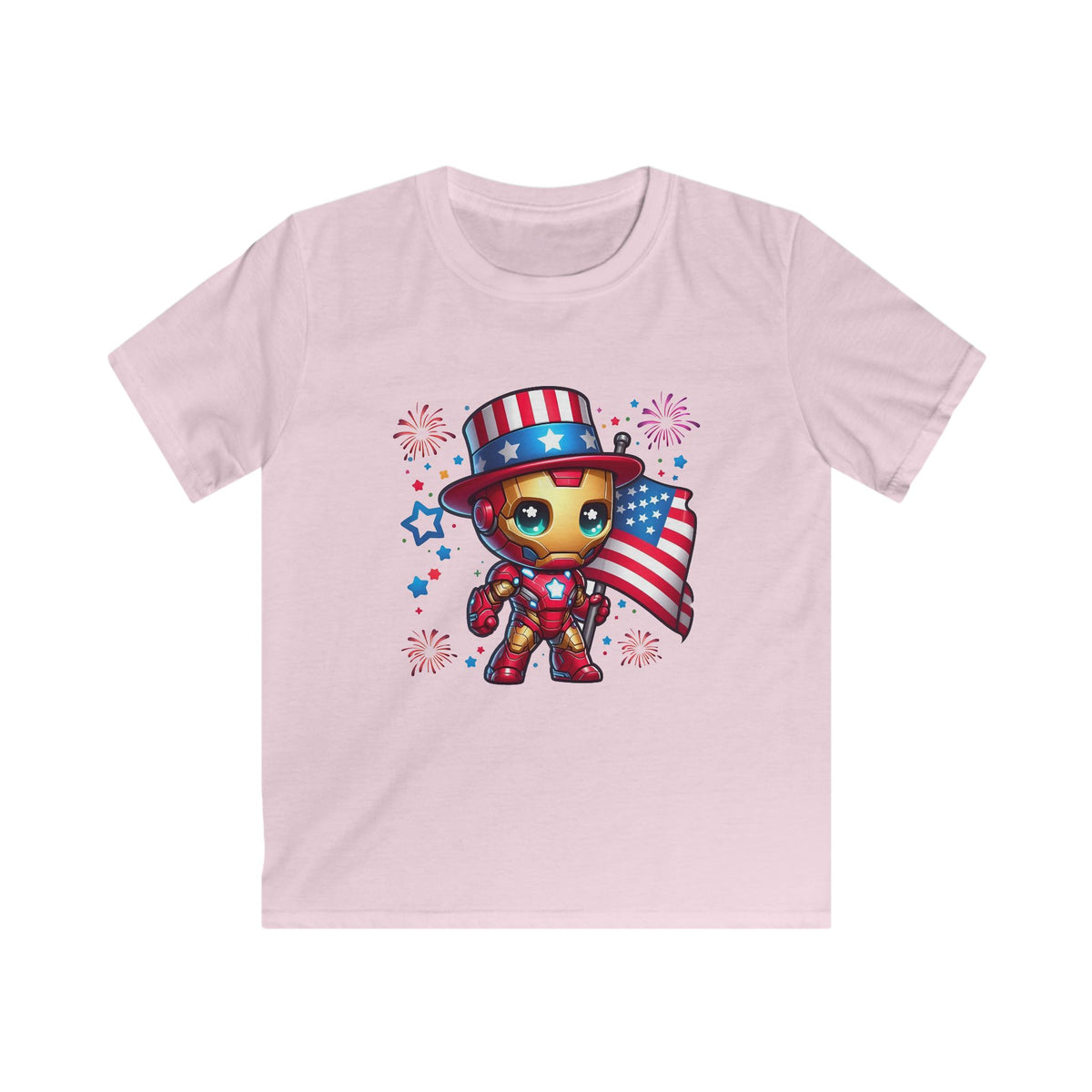 Kids Tee — Patriotic Superhero Baby Iron Man with American Flag (4th of July)
