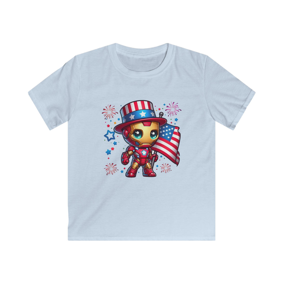 Kids Tee — Patriotic Superhero Baby Iron Man with American Flag (4th of July)