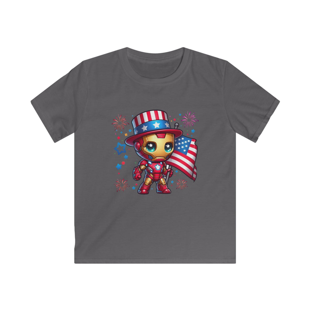 Kids Tee — Patriotic Superhero Baby Iron Man with American Flag (4th of July)