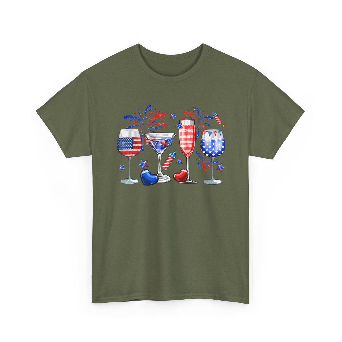 Patriotic Wine Glasses Tee – 4th of July Red White Blue Celebration Shirt