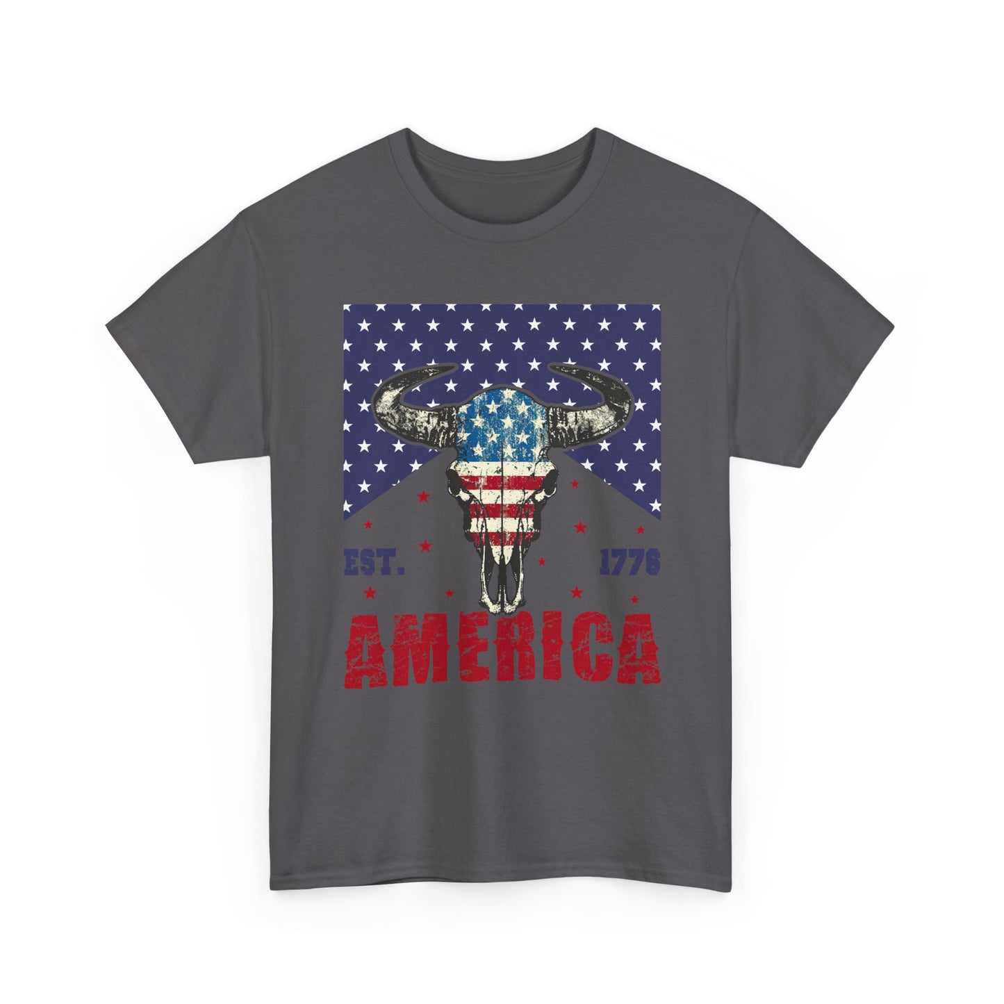 America Longhorn Skull T-Shirt – Patriotic Est. 1776 Flag Design