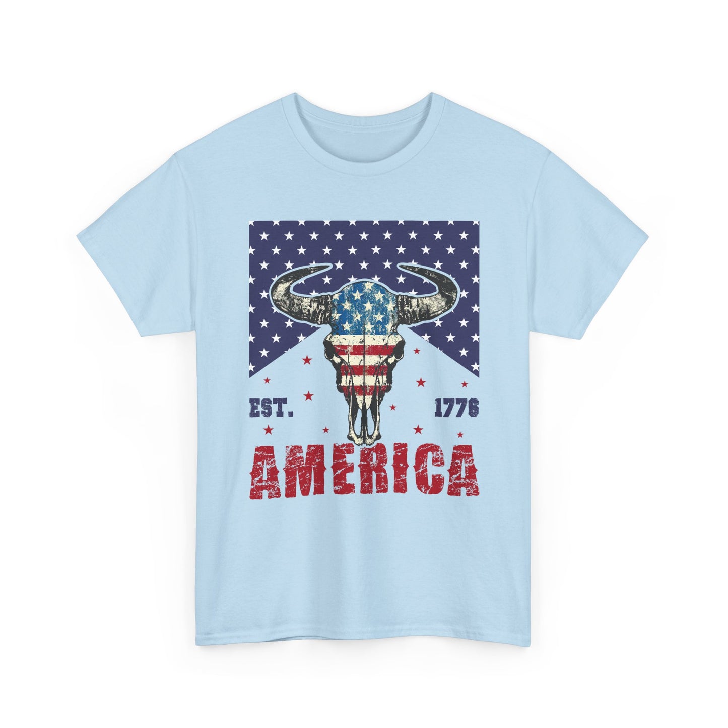 America Longhorn Skull T-Shirt – Patriotic Est. 1776 Flag Design