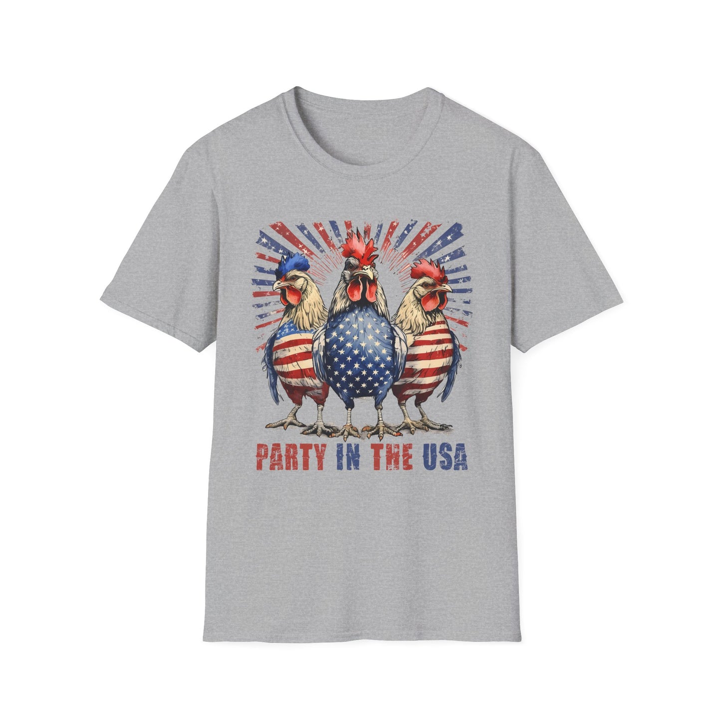 Party in the USA Rooster T-Shirt — Patriotic 4th of July Chicken Tee