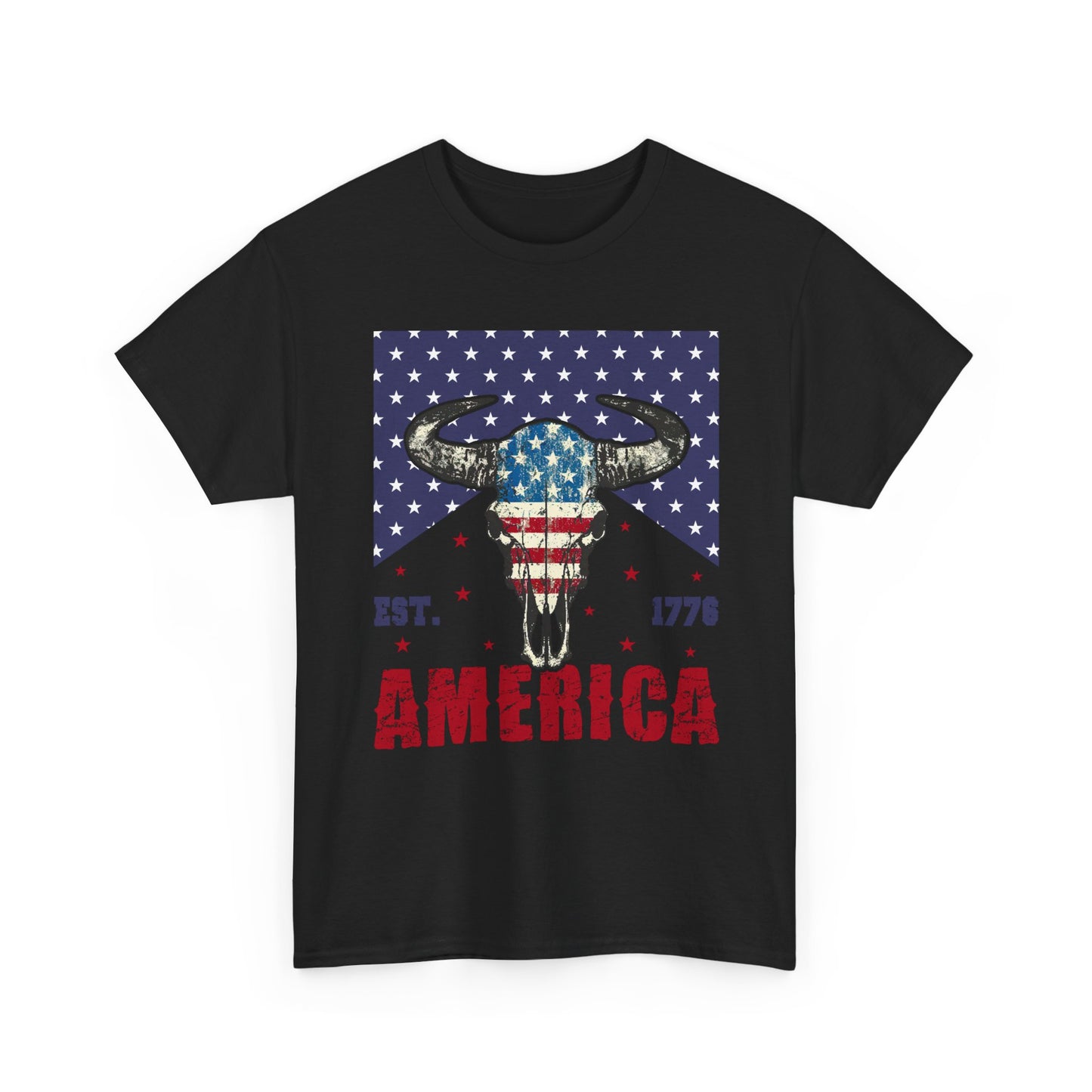 America Longhorn Skull T-Shirt – Patriotic Est. 1776 Flag Design