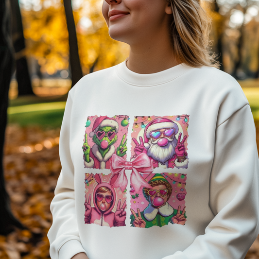 Pink Retro Christmas Squad Sweatshirt – Holiday Characters and Bow Graphic