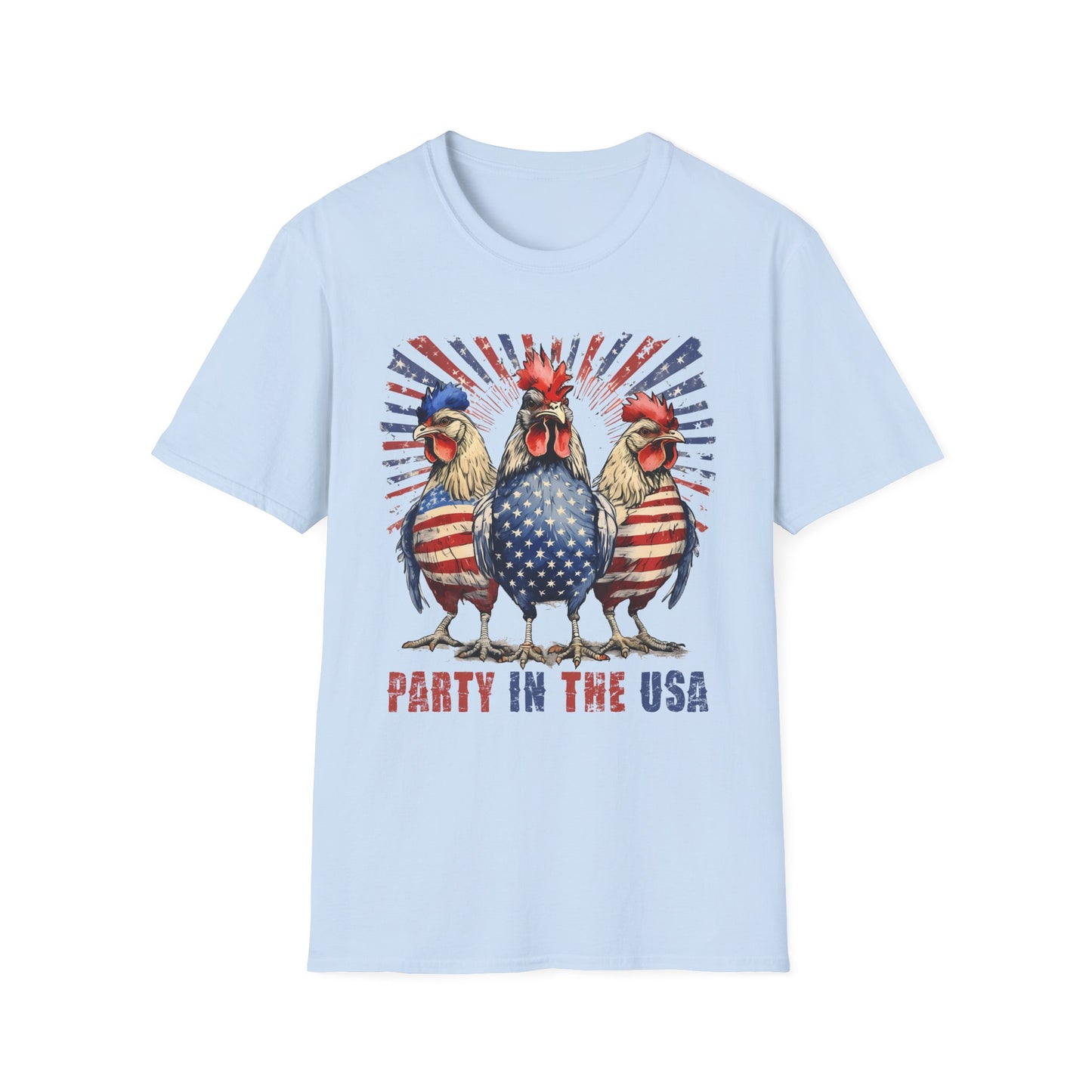 Party in the USA Rooster T-Shirt — Patriotic 4th of July Chicken Tee