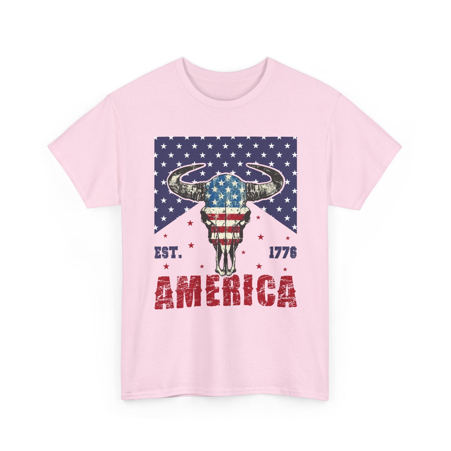 America Longhorn Skull T-Shirt – Patriotic Est. 1776 Flag Design