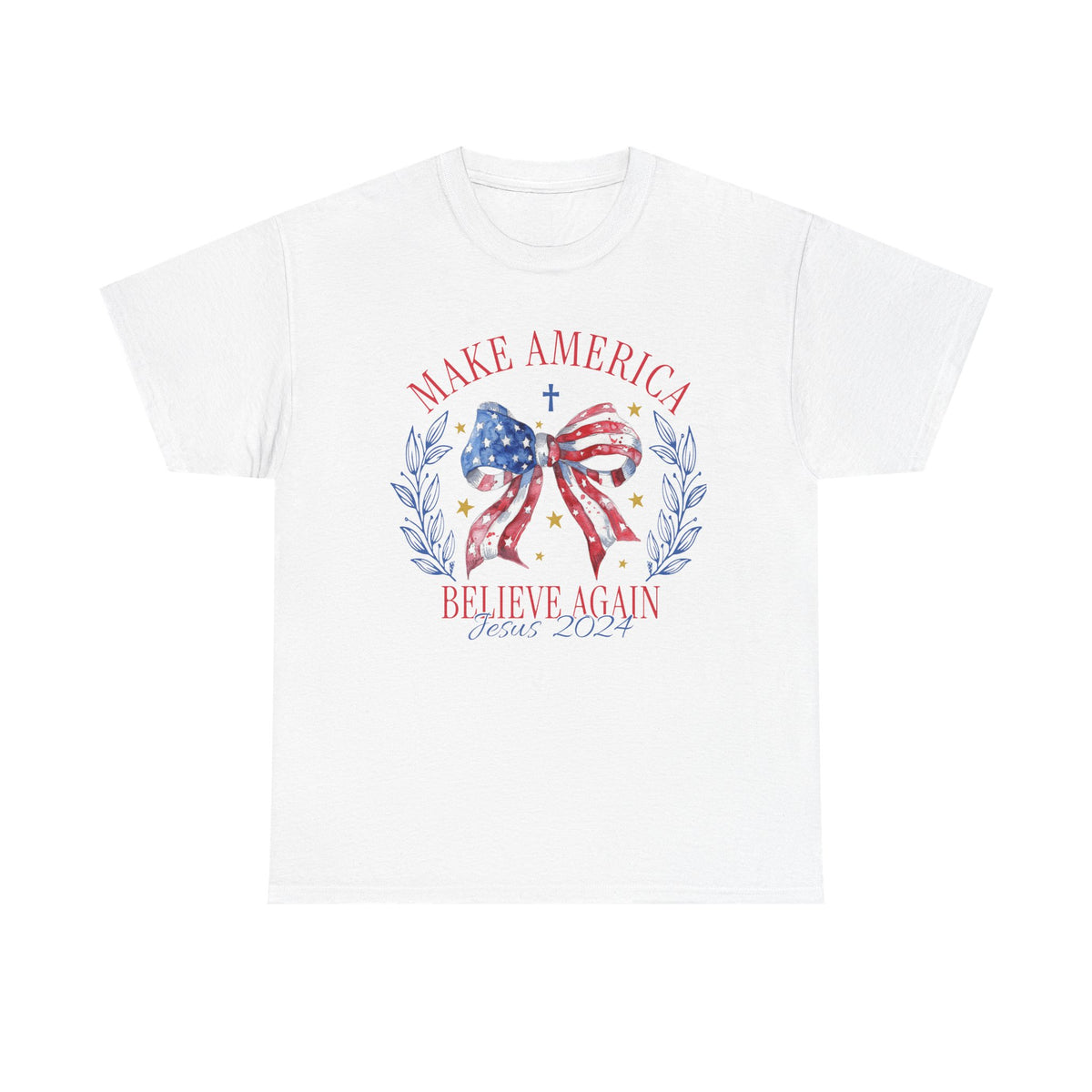 Make America Believe Again Patriotic Tee - American Flag Bow Graphic