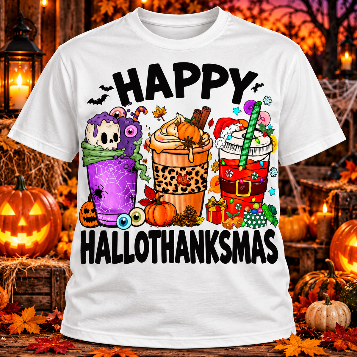 Happy Hallothanksmas T-Shirt | Halloween Thanksgiving Christmas Mashup