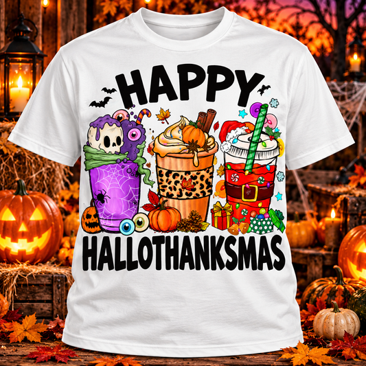 Happy Hallothanksmas T-Shirt | Halloween Thanksgiving Christmas Mashup
