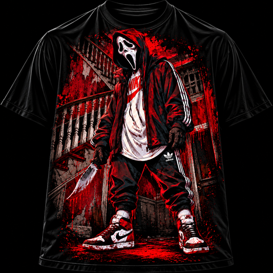 Hooded Masked Figure graphic T-shirt | Horror Streetwear, Red Noir Design