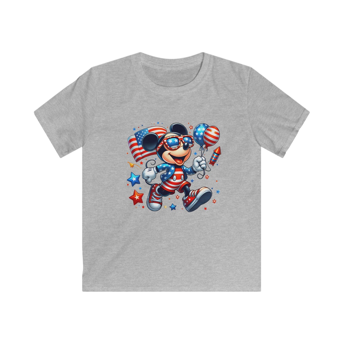 Kids Tee — Patriotic Mickey-Style Mouse with American Flag Balloons (4th of July)