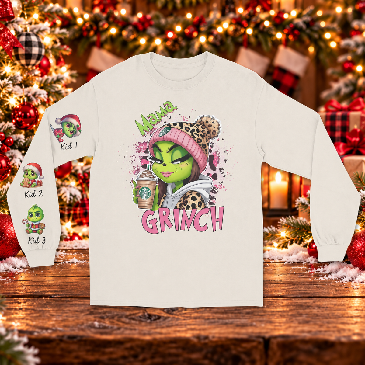 Personalized Mama Grinch Christmas Sweatshirt – Custom Kids Names on Sleeves