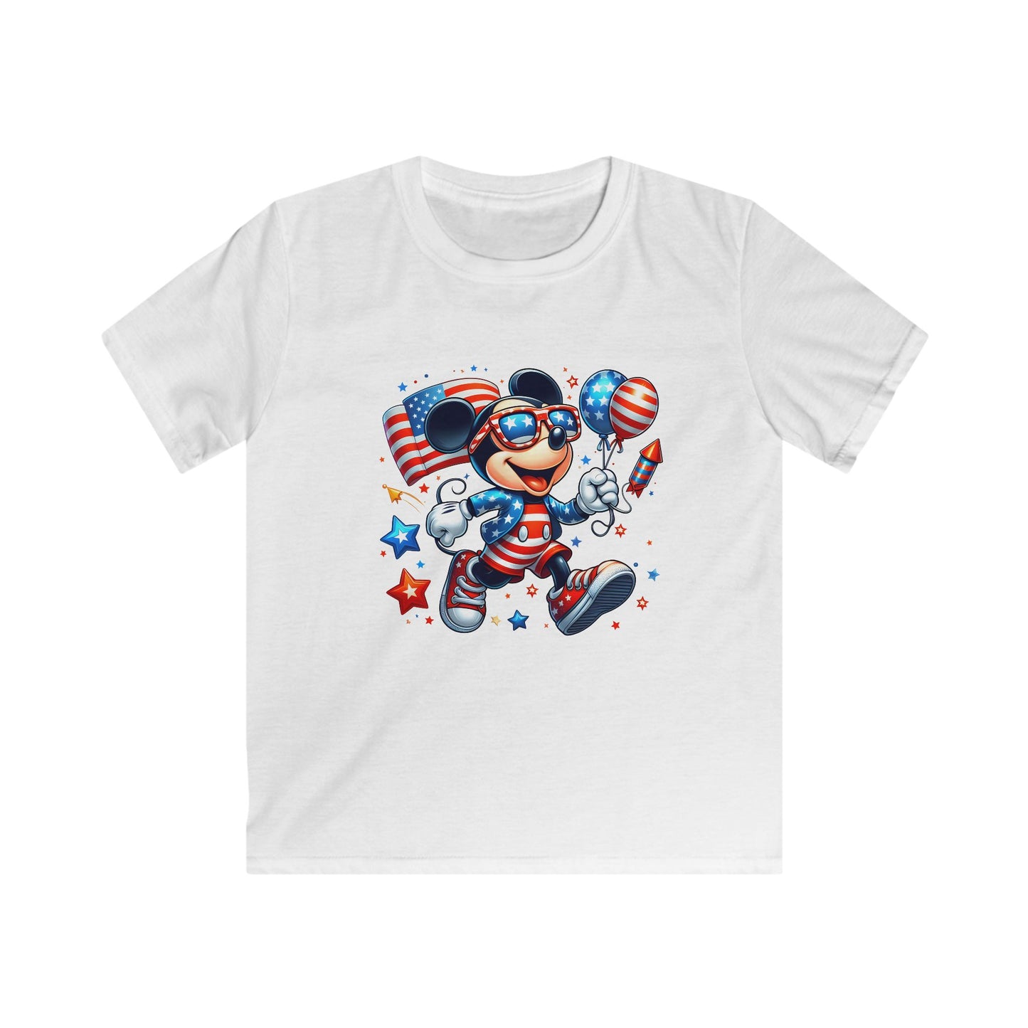 Kids Tee — Patriotic Mickey-Style Mouse with American Flag Balloons (4th of July)