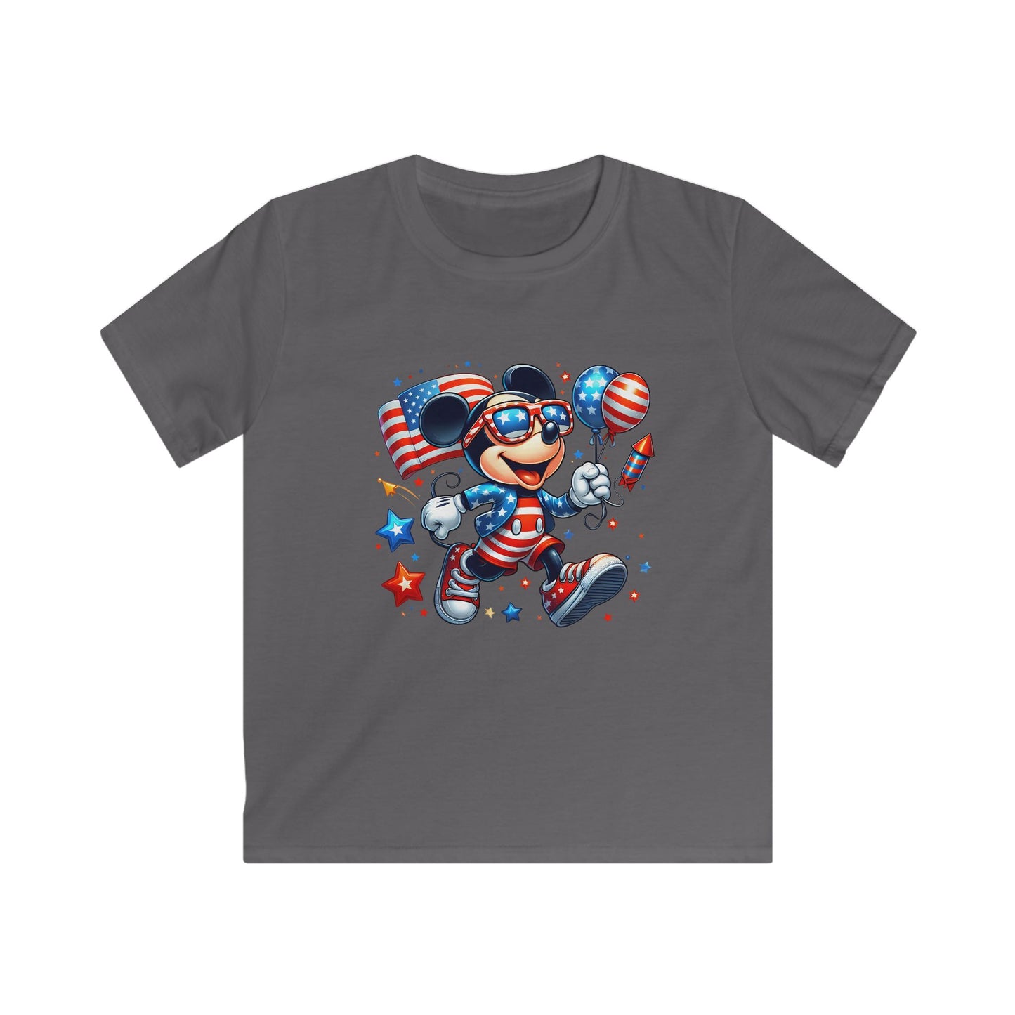 Kids Tee — Patriotic Mickey-Style Mouse with American Flag Balloons (4th of July)
