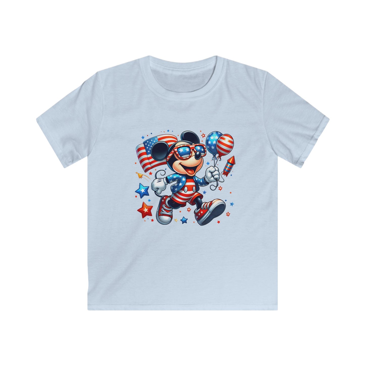 Kids Tee — Patriotic Mickey-Style Mouse with American Flag Balloons (4th of July)
