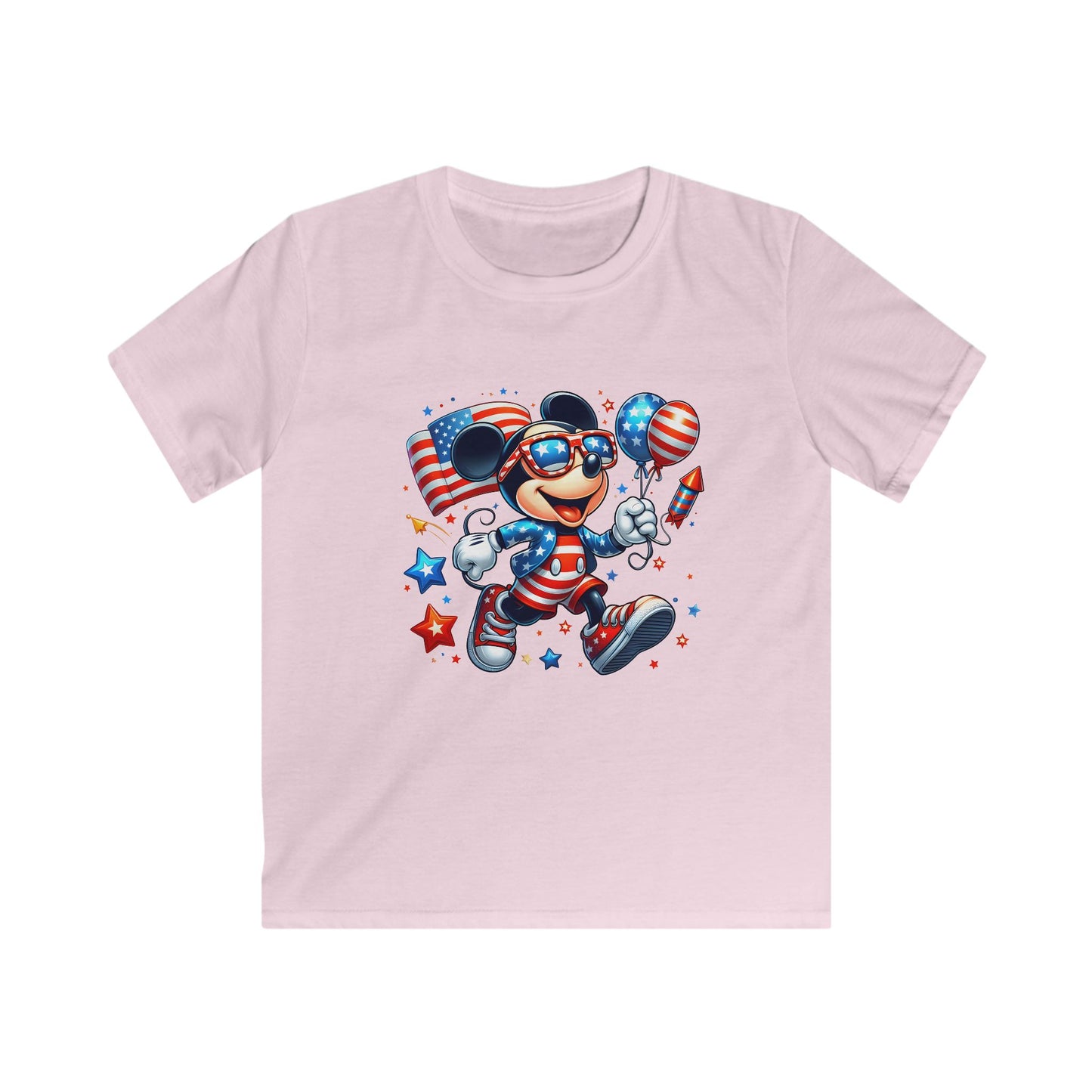 Kids Tee — Patriotic Mickey-Style Mouse with American Flag Balloons (4th of July)