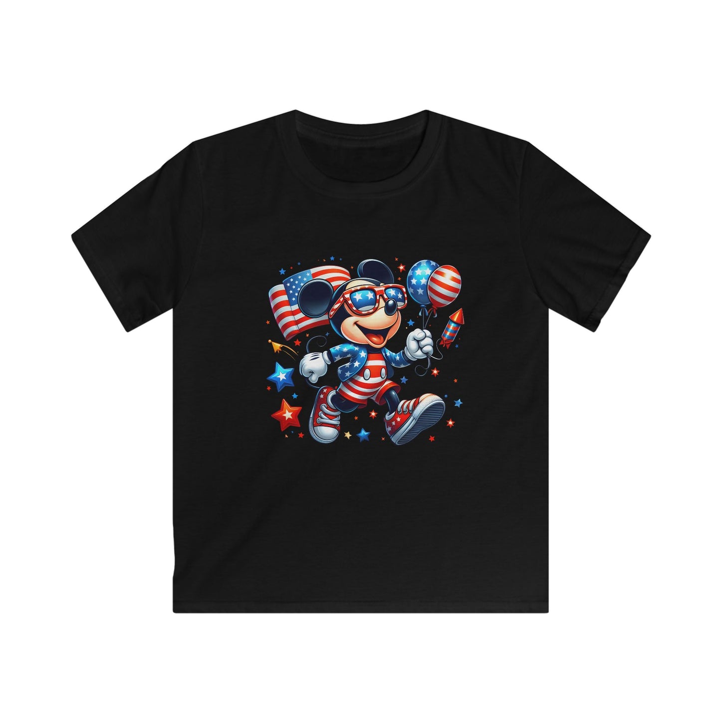 Kids Tee — Patriotic Mickey-Style Mouse with American Flag Balloons (4th of July)