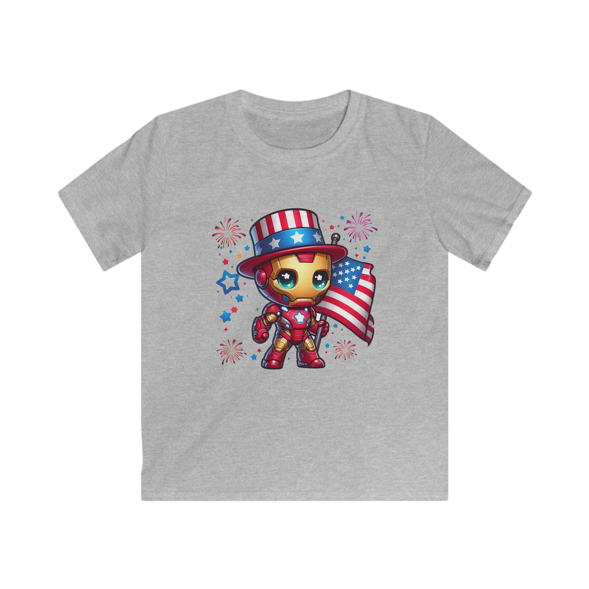 Kids Tee — Patriotic Superhero Baby Iron Man with American Flag (4th of July)