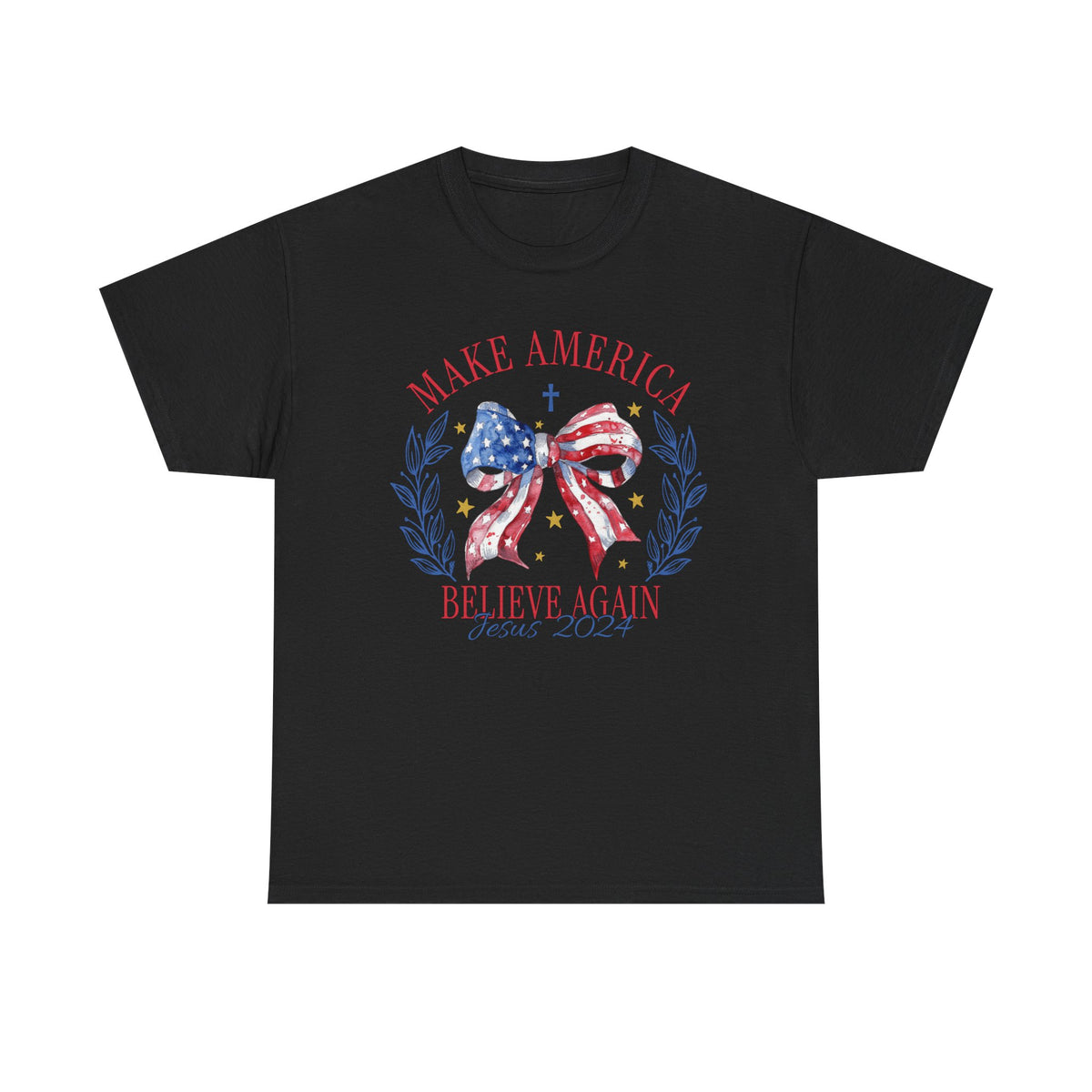 Make America Believe Again Patriotic Tee - American Flag Bow Graphic