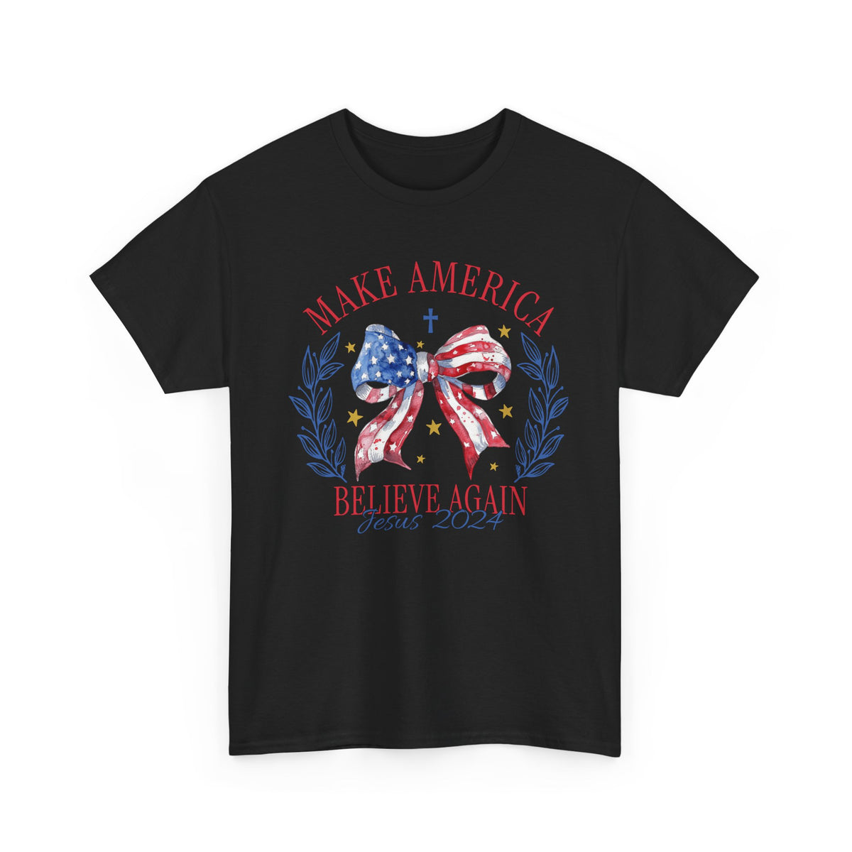 Make America Believe Again Patriotic Tee - American Flag Bow Graphic
