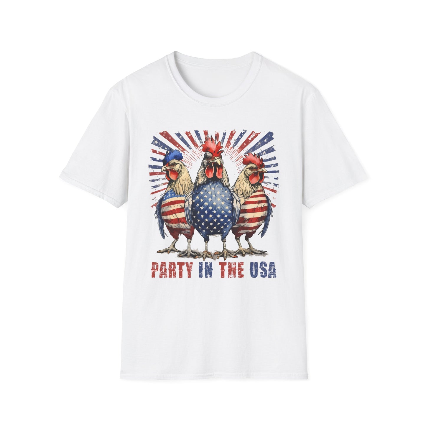 Party in the USA Rooster T-Shirt — Patriotic 4th of July Chicken Tee