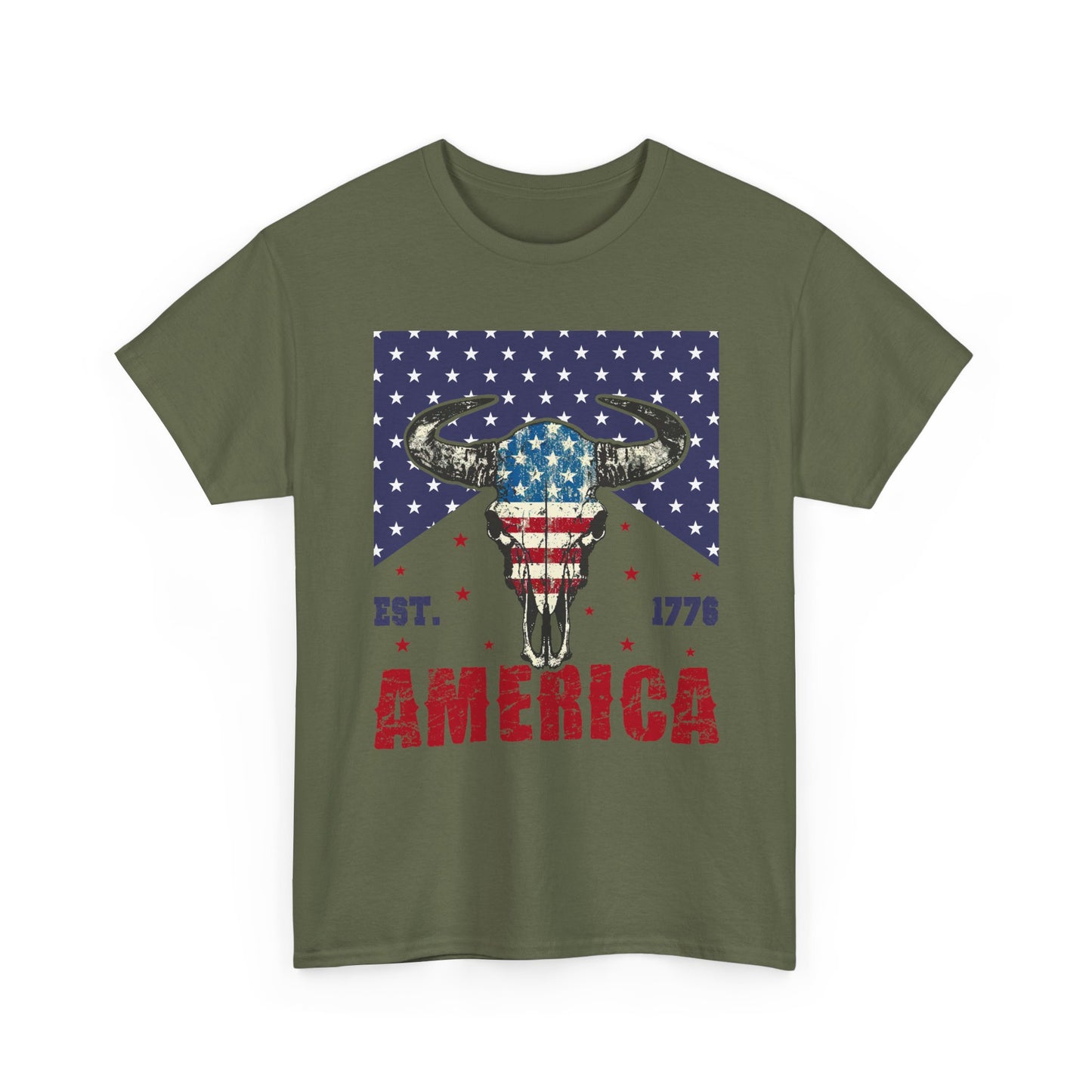America Longhorn Skull T-Shirt – Patriotic Est. 1776 Flag Design