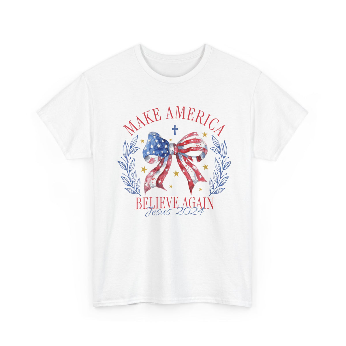 Make America Believe Again Patriotic Tee - American Flag Bow Graphic