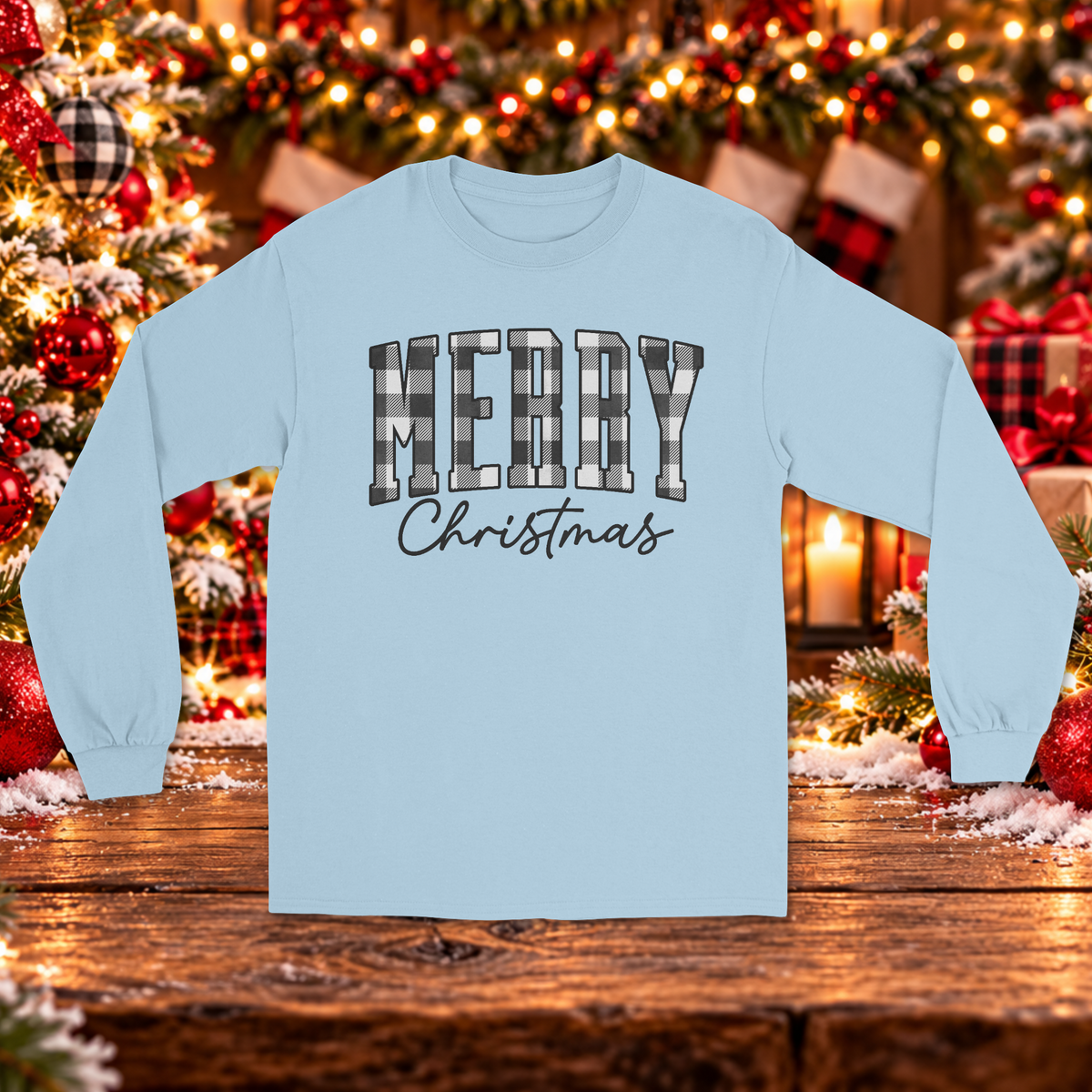 Black and Gray Plaid Merry Christmas Long Sleeve Sweater – Holiday Graphic Sweater