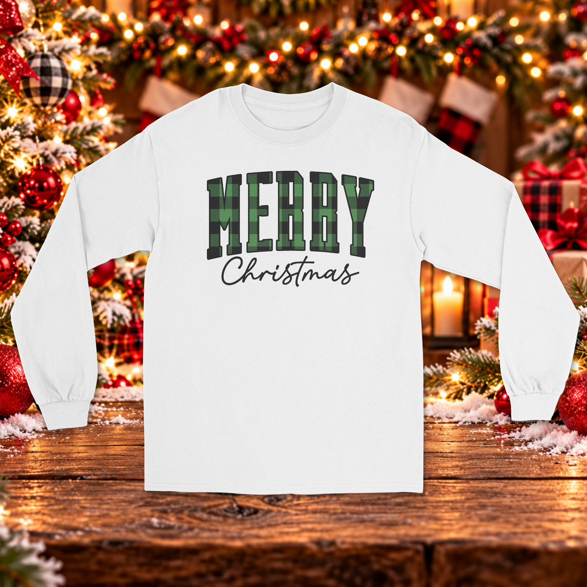 Green Buffalo Plaid Merry Christmas Long Sleeve Sweater– Festive Holiday Graphic Sweater