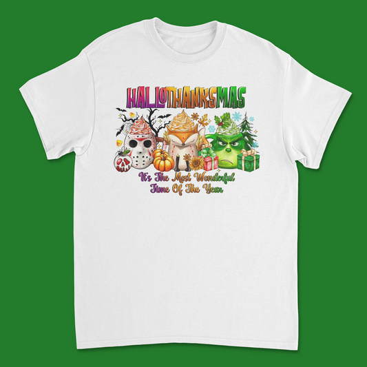 Hallothanksmas T-Shirt - Celebrate Halloween, Thanksgiving & Christmas in Style!