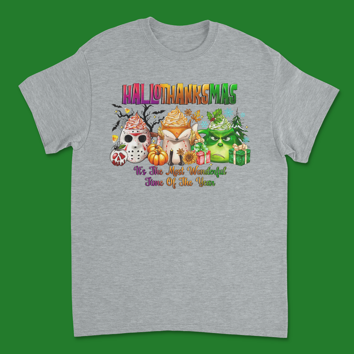 Hallothanksmas T-Shirt - Celebrate Halloween, Thanksgiving & Christmas in Style!