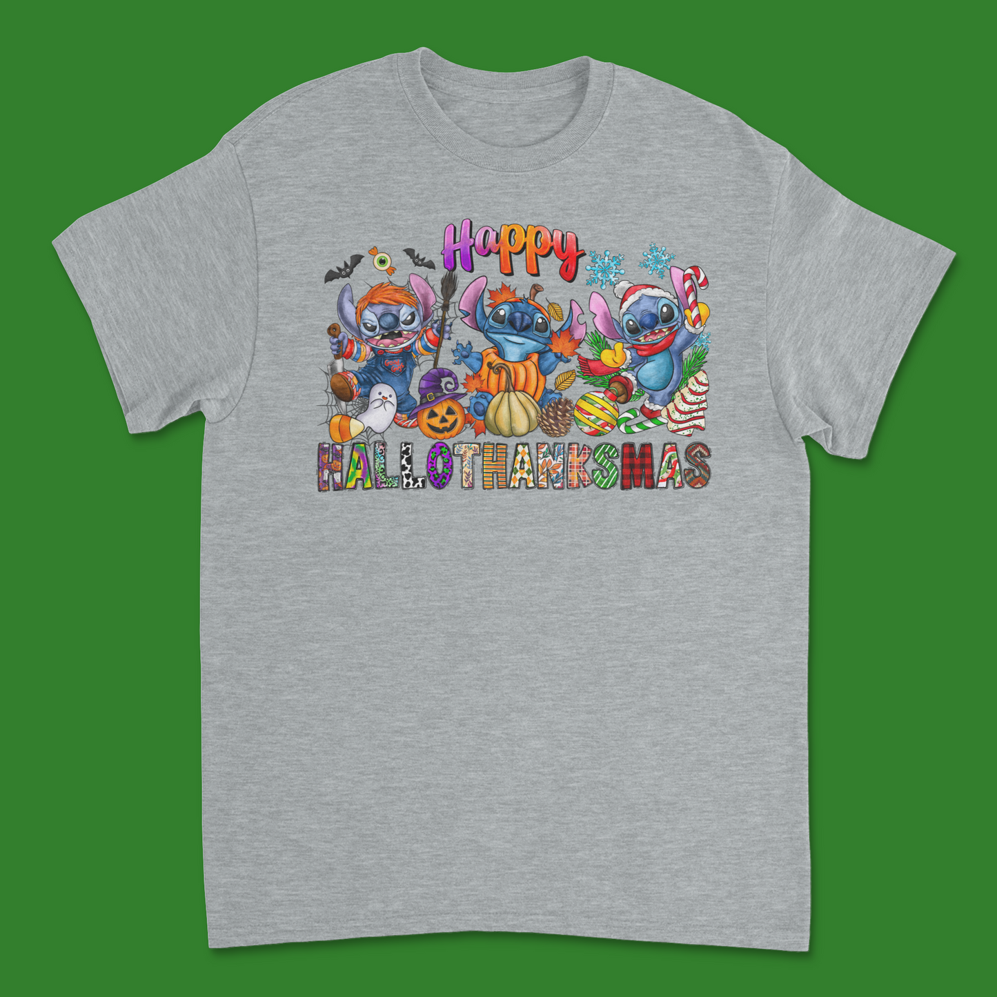 Stitch Hallothanksmas Shirt - Disney-Inspired Tee for Halloween, Thanksgiving & Christmas Fans