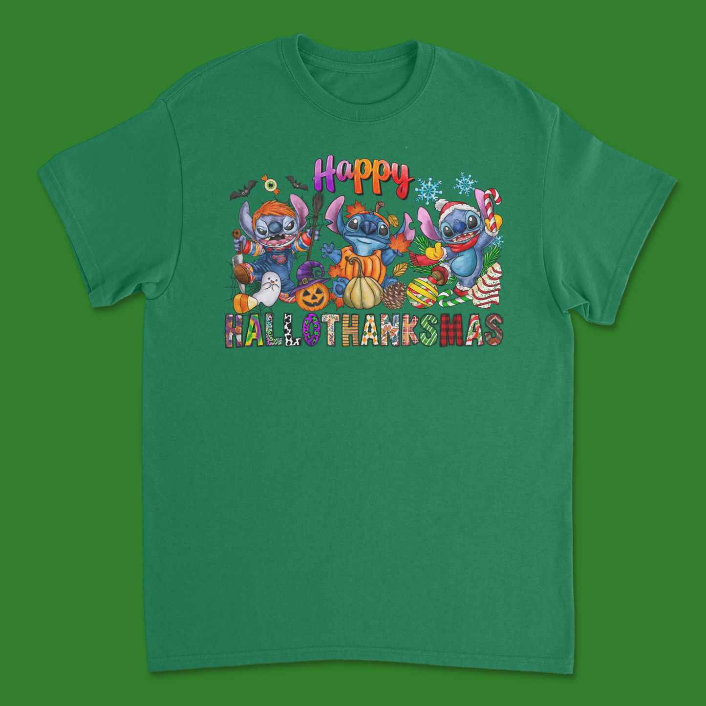 Stitch Hallothanksmas Shirt - Disney-Inspired Tee for Halloween, Thanksgiving & Christmas Fans