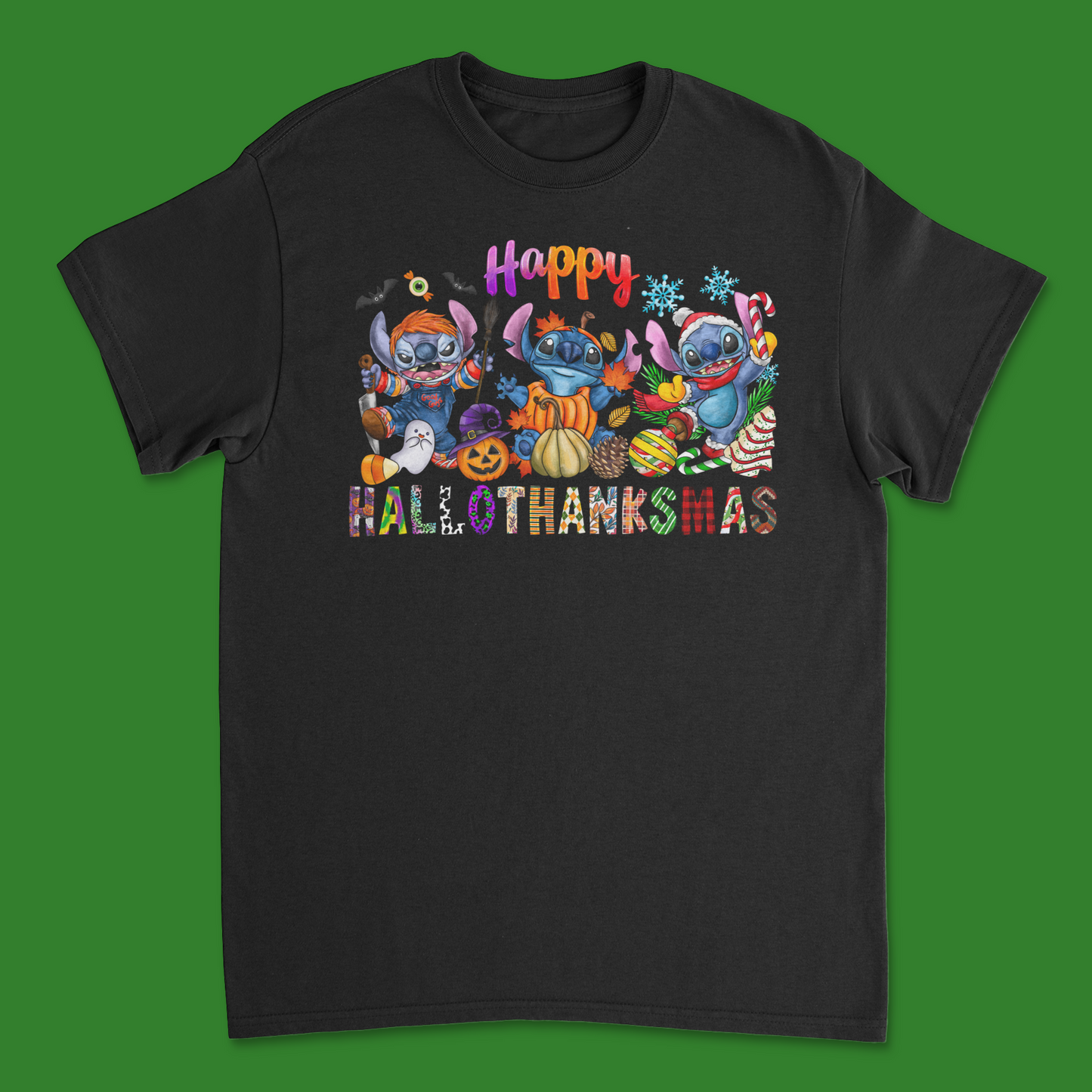 Stitch Hallothanksmas Shirt - Disney-Inspired Tee for Halloween, Thanksgiving & Christmas Fans