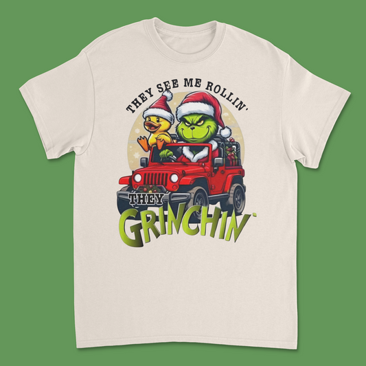 They See Me Rollin' and Grinchin' T-Shirt - Funny Grinch-Inspired Holiday Tee