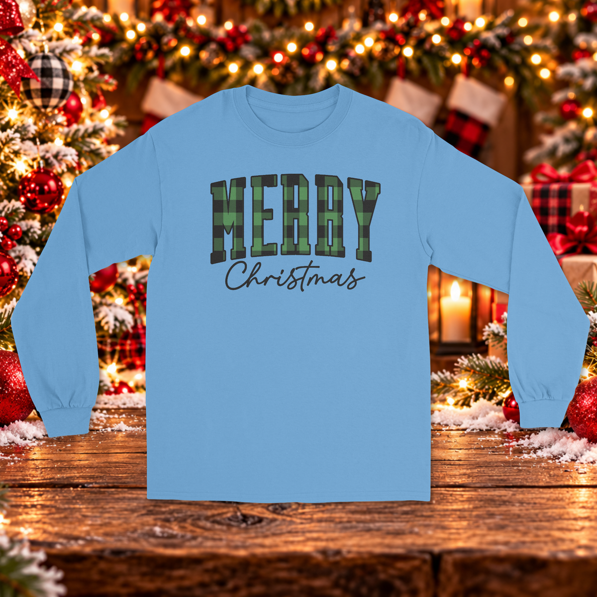 Green Buffalo Plaid Merry Christmas Long Sleeve Sweater– Festive Holiday Graphic Sweater