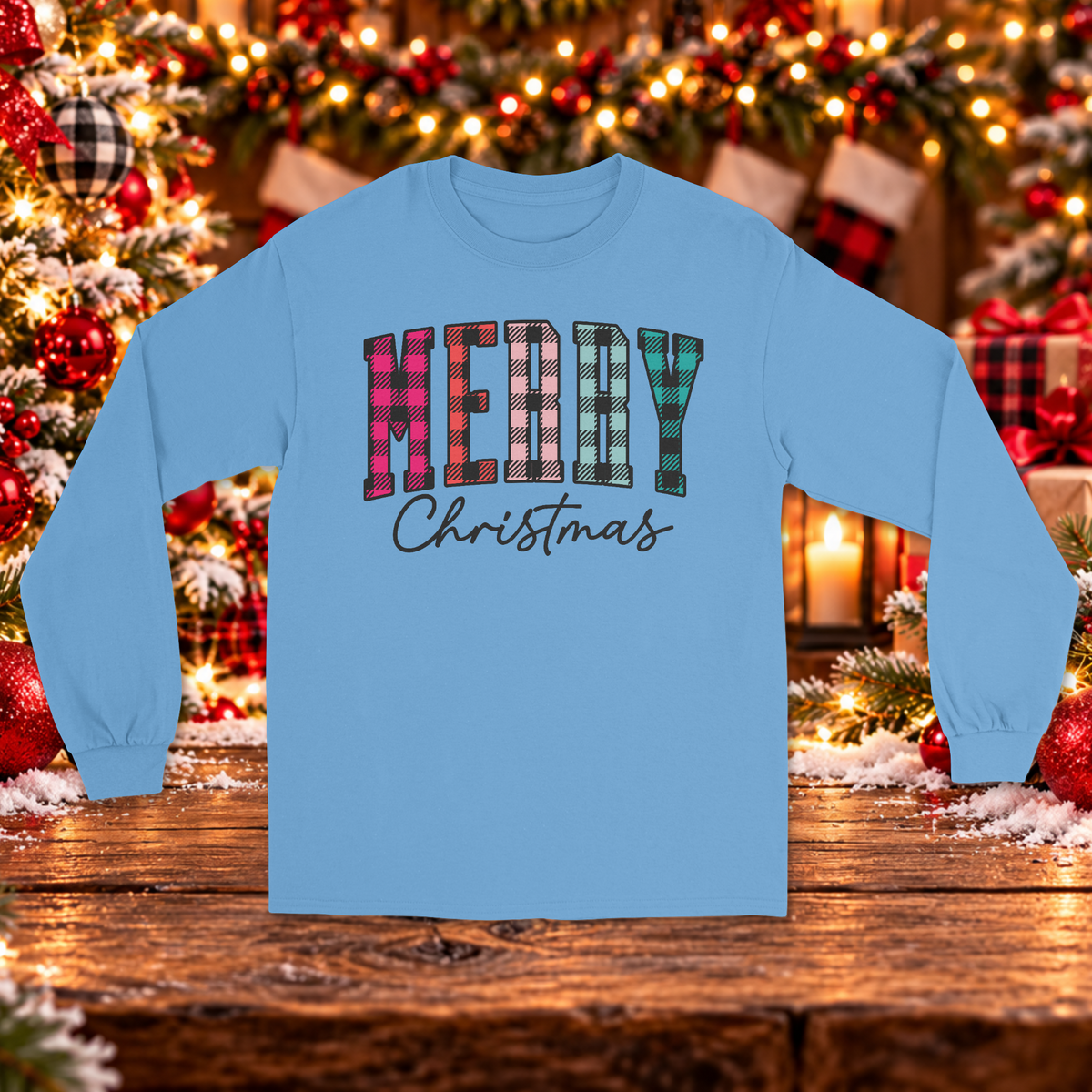 Colorful Plaid Merry Christmas Long Sleeve Sweater – Pink and Teal Holiday Sweater