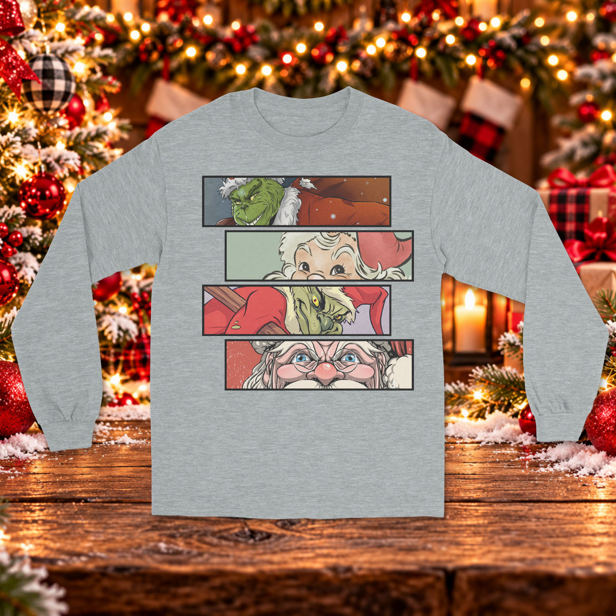 Christmas Mischief vs. Santa Comic Strip Long Sleeve Sweater – Holiday Character Graphic