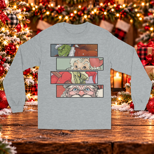 Christmas Mischief vs. Santa Comic Strip Long Sleeve Sweater – Holiday Character Graphic